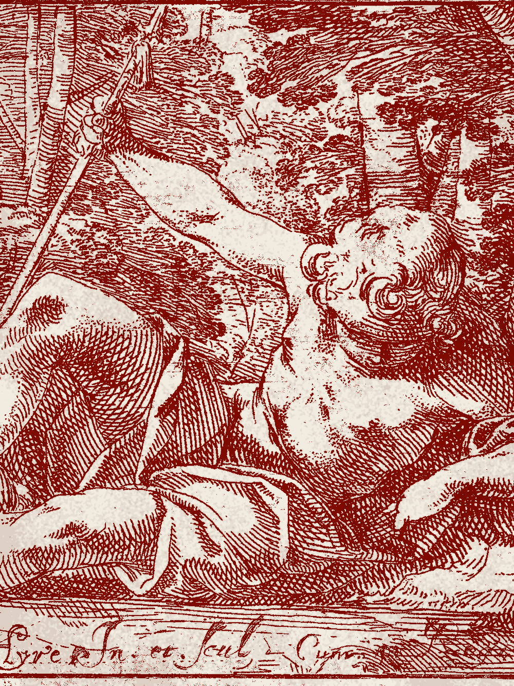 Narcissus, an etching by Laurent de La Hyre, reworked as a two-ink print: a figure lying at the water's edge, unable to look away from his own reflection.
