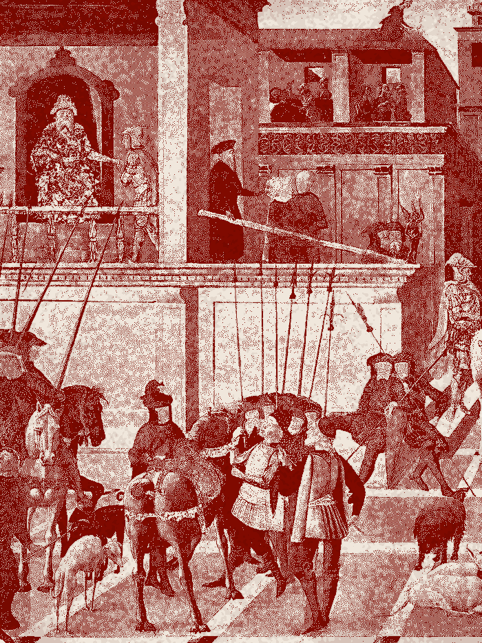 A detail from Scenes from the Story of the Argonauts by Jacopo del Sellaio, reworked as a two-ink print: figures and horses setting out from a walled city.