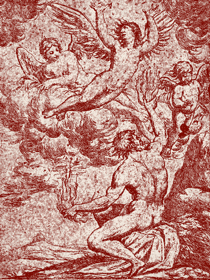 The Fall of Icarus by Giuseppe Diamantini, reworked as a two-ink print: a winged figure falling as others rise above.