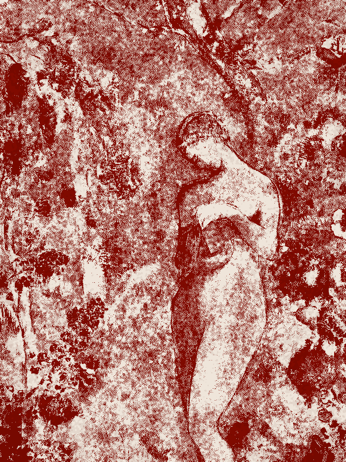 Pandora by Odilon Redon, reworked as a two-ink print: a figure standing among flowers, holding the box.